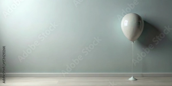 Fototapeta A single pale balloon rests gently on the floor against a tranquil wall, a quiet moment captured in soft light