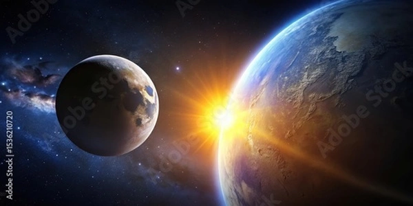Fototapeta A celestial sunrise illuminates a planet's surface, while a neighboring celestial body orbits in the cosmic expanse, a breathtaking view of the universe's grandeur.