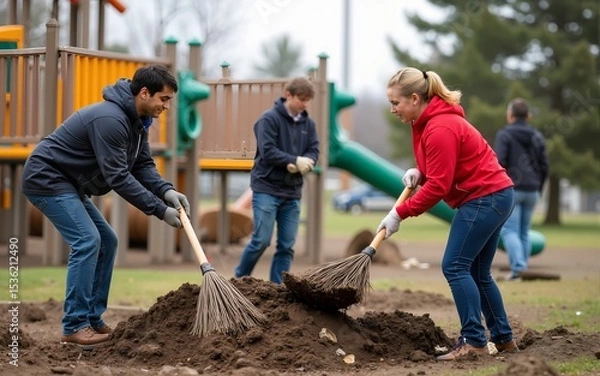 Fototapeta Volunteers collaborating to remove debris from a community playground. High quality