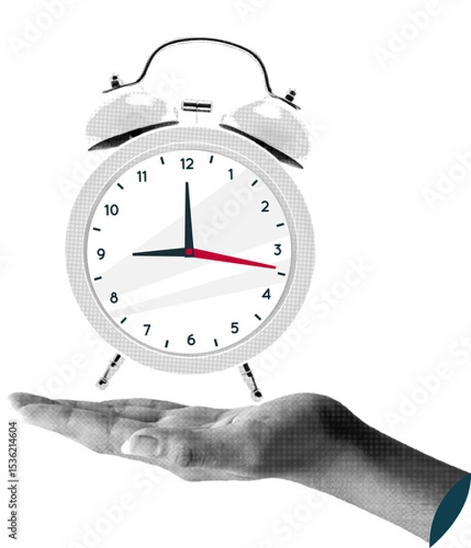 Fototapeta Halftone hand and alarm clock. Pop art style modern collage