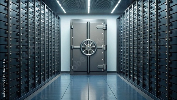 Fototapeta A metallic vault door stands prominently in a secure bank's safety deposit box room, highlighting security and storage.