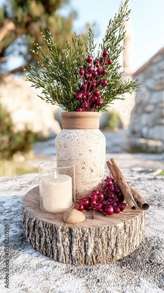Obraz Rustic Winter Centerpiece  Candle, Berries, and Greenery in a Stone Vase