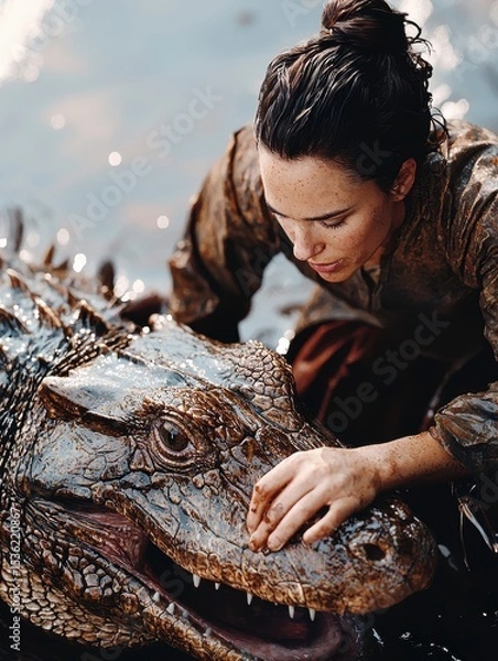 Obraz Woman Gently Touching Alligator's Face A Moment of Connection with Wildlife