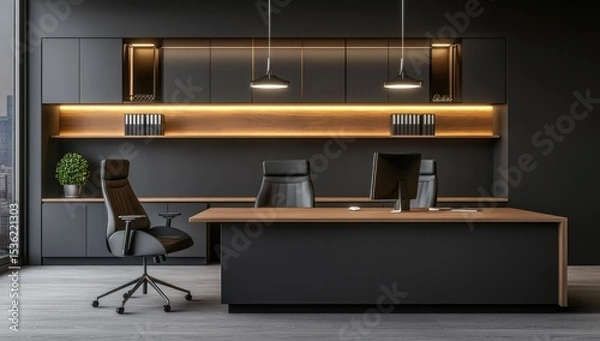 Fototapeta Modern minimalist style, a black and wood color scheme of the desk with LED lighting strips on top, wall shelves for office supplies above the table.