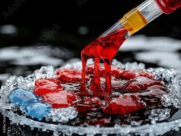 Obraz Vibrant Red Liquid Pouring onto Ice and Gummy Candies Abstract Food Photography