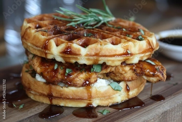 Fototapeta Chicken and waffle burger with maple glaze