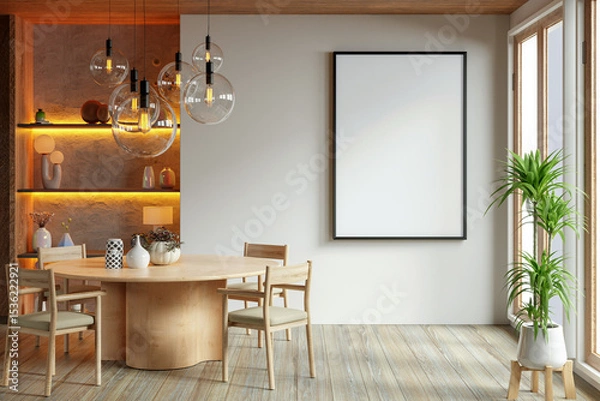 Obraz Poster mockup with vertical black frame in dining room interior- 3D rendering