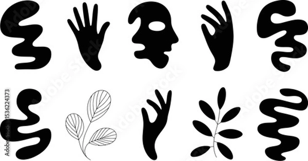 Fototapeta Abstract shapes vector art black and white design elements organic forms hands face plants illustration editable stock vector illustration