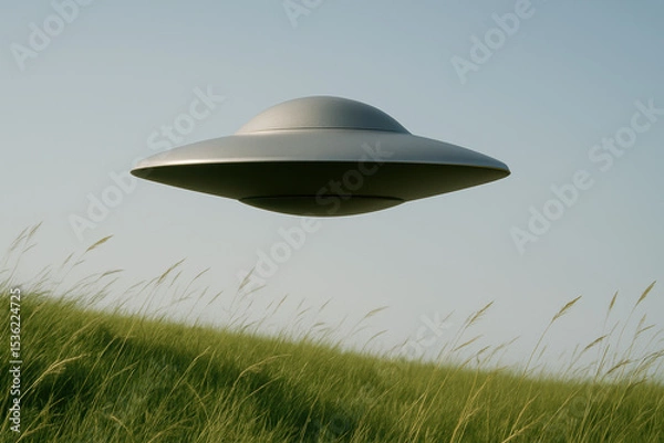 Obraz Futuristic metallic ufo hovers silently above serene grassy meadow with clear sky and natural sunlight in the background