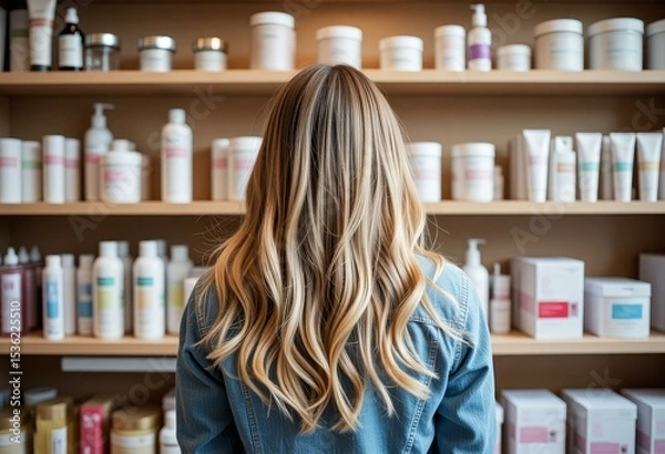 Obraz Woman with Long Blonde Hair Browsing Beauty Products on Shelves in Store