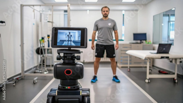 Fototapeta A man stands on a treadmill in a clinical room while a robot records his movement, suggesting a high-tech physical therapy or sports science environment.