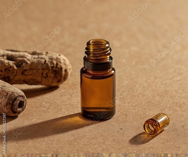 Fototapeta Amber Glass Vial of Essential Oil on Beige Corkboard