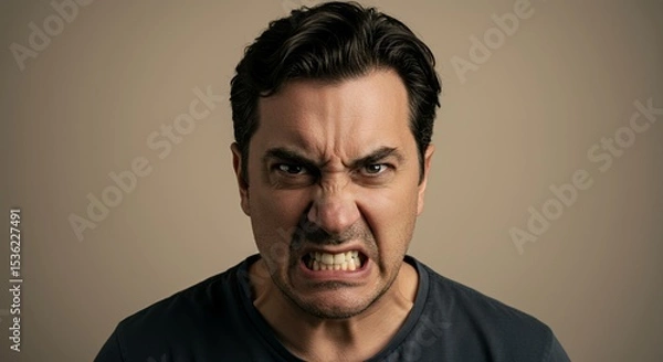 Obraz Angry Man Close-up Portrait, Intense Facial Expression, Studio Shot, Emotional Photography