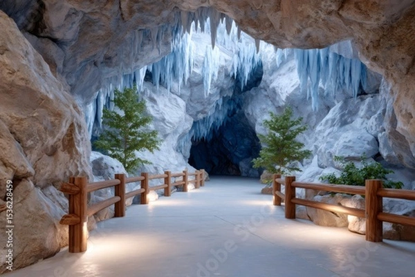 Fototapeta Wooden walkway leading into illuminated ice cave with stalactites
