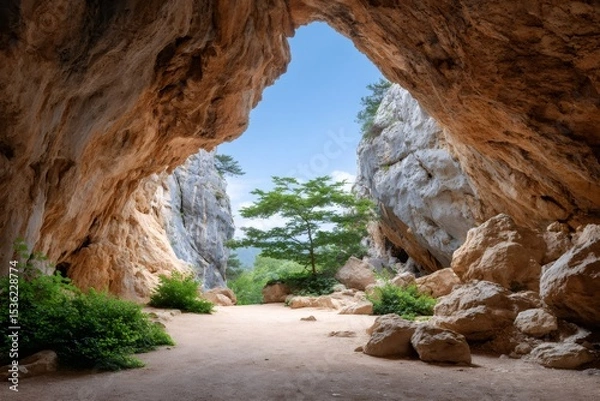 Fototapeta Exploring a large cave with a lone tree growing in the entrance