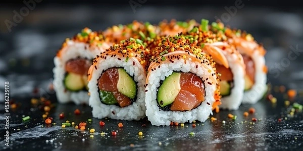 Obraz Fresh Tuna and Avocado Sushi Roll with Tobiko.