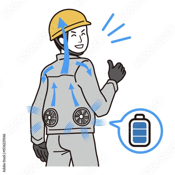 Obraz フル充電で稼働するファン付き作業服を着た、笑顔の男性　シンプルなイラスト