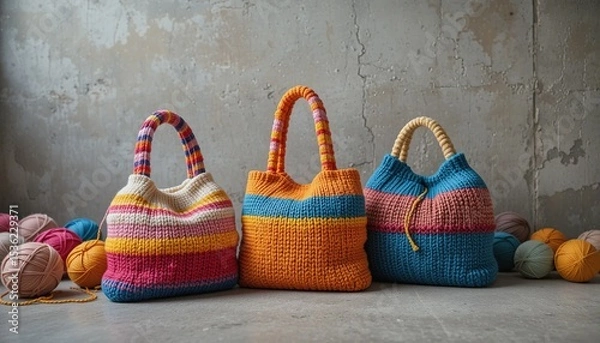 Obraz Handmade Knitted Bags Displayed near Concrete Wall