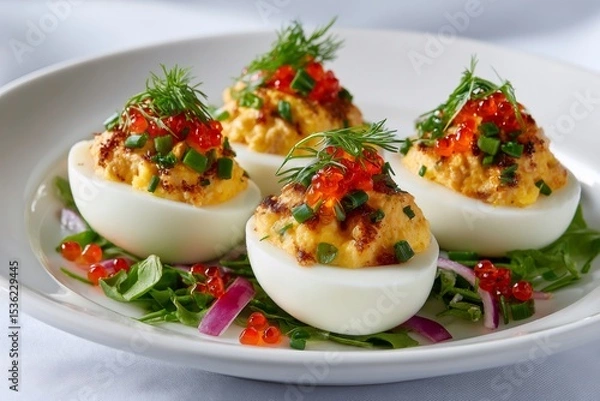 Fototapeta Delicious deviled eggs garnished with salmon, red caviar, chives and dill on white plate