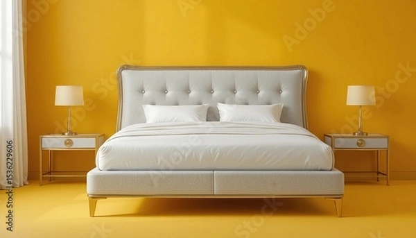 Obraz Modern Silver and Gold Bed Frame with Headboard and Base