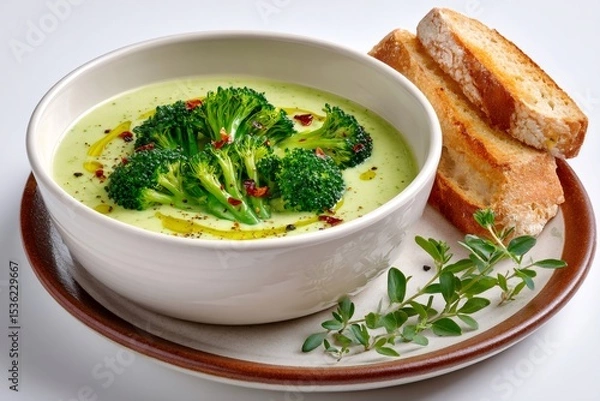 Fototapeta Broccoli cream soup seasoned with olive oil and chili flakes garnished with thyme and toasted bread