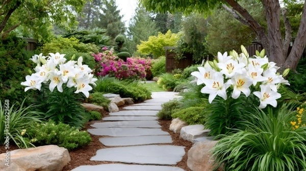 Fototapeta White lilies bordering a stone path winding through a lush garden