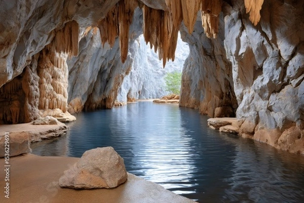 Fototapeta Stalactites hanging from ceiling of cave reflecting in underground lake