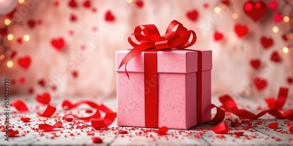 Obraz Pink Valentine's Day Present with Red Ribbon
