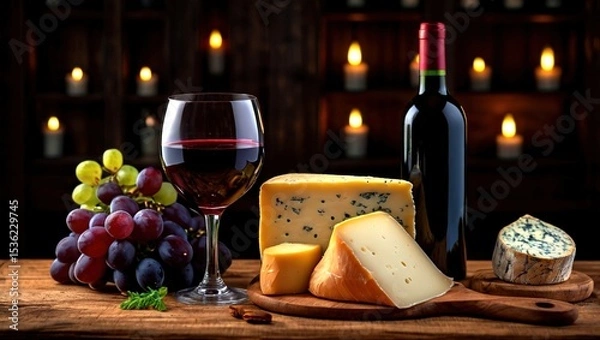Obraz Red Wine & Cheese Pairing - Gourmet Still Life