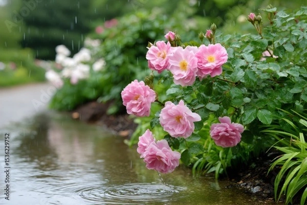Fototapeta Pink roses getting wet in the rain next to a puddle