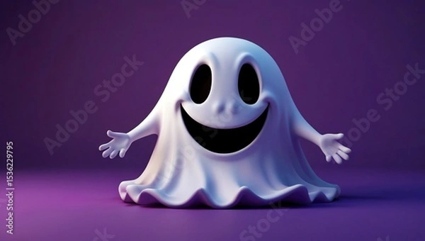 Obraz Smiling White Ghost on Purple Background - Design Concept