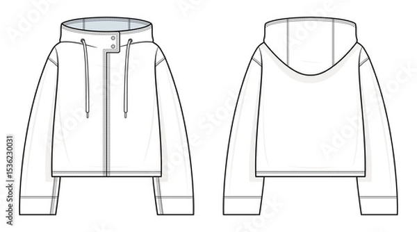 Fototapeta High-Collar Hoodie Technical Fashion Illustration. Cropped Hooded Jacket Vector Template. Long Sleeves with Cuffs. Front Zip Closure. Drawstring Hood. Outerwear. Front and Back View. CAD Mockup.