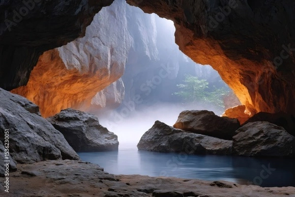 Fototapeta Sunlight illuminating rocks and fog inside a cave with water
