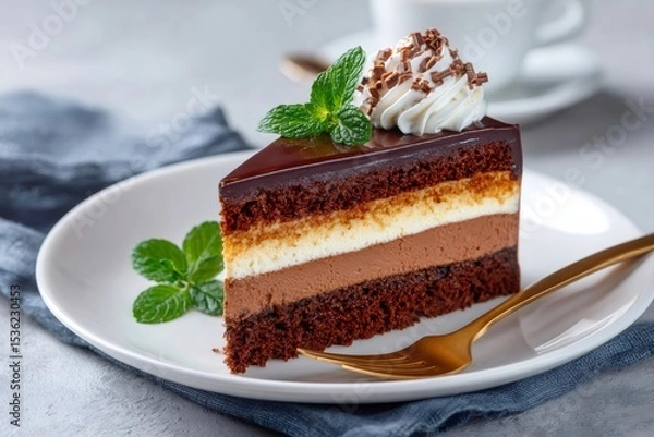 Fototapeta Delicious triple chocolate cake slice with mint leaf and whipped cream topping on white plate