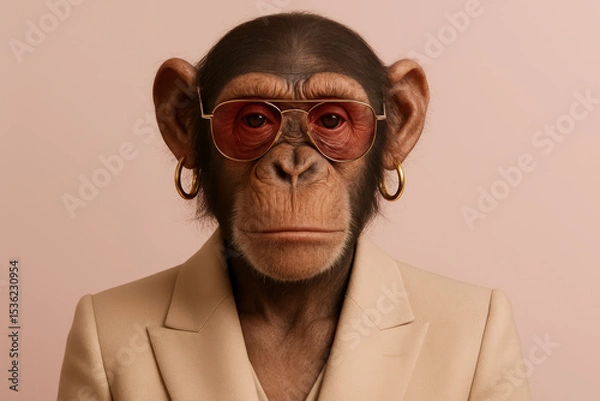 Obraz Stylish chimpanzee wearing a beige suit and sunglasses with gold earrings against a soft pink background