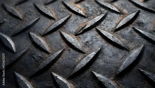 Fototapeta Close-up of textured metal surface with diamond pattern, showcasing a rusty and weathered appearance.