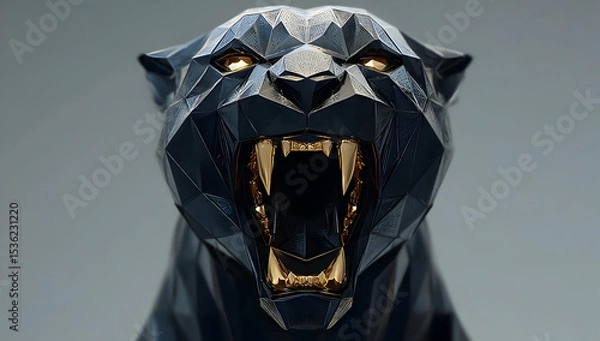 Fototapeta A striking low-poly black panther sculpture with a fierce expression and shining gold accents, perfect for modern decor.
