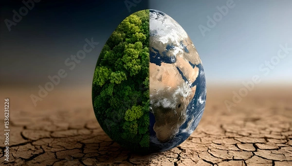 Fototapeta A striking image of an egg symbolizing Earth, depicting lush greenery and parched land, illustrating environmental contrasts.