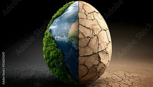Fototapeta A split image of an egg representing Earth, showcasing vibrant nature on one side and dry cracked soil on the other.