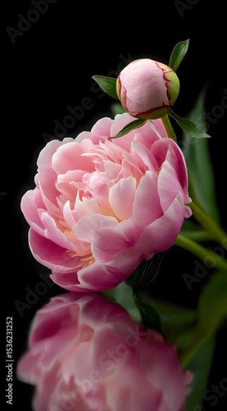 Fototapeta Stunning close-up of pink peony and bud, showcasing delicate petals and lush greenery against a dark backdrop.