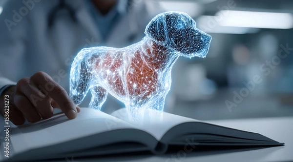 Fototapeta A holographic dog appearing above an open book, showcasing futuristic veterinary technology in a clinical setting.