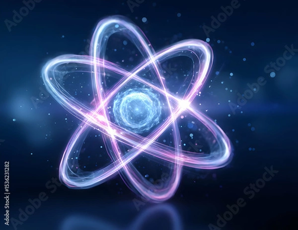 Fototapeta A vibrant depiction of an atom, representing energy, science, and the fundamental building blocks of matter.