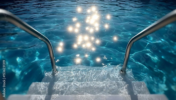 Fototapeta A serene view of steps leading into a shimmering swimming pool, reflecting sunlight on the clear blue water.