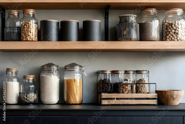 Fototapeta Organized kitchen shelves featuring clear jars filled with various ingredients, showcasing modern storage solutions.