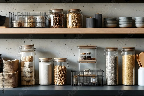 Fototapeta A neatly organized kitchen shelf displays jars of grains, nuts, and spices, promoting a clean and modern cooking space.