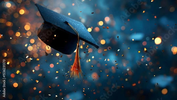 Fototapeta Celebratory graduation cap surrounded by colorful confetti, symbolizing achievement and success in education.