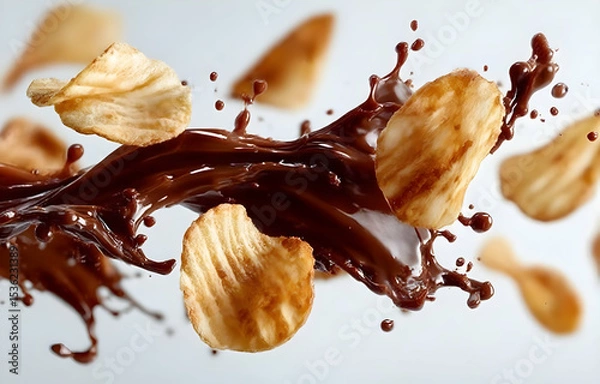 Fototapeta Delicious potato chips splashing in rich chocolate, creating a delightful splash. Perfect for snack lovers.