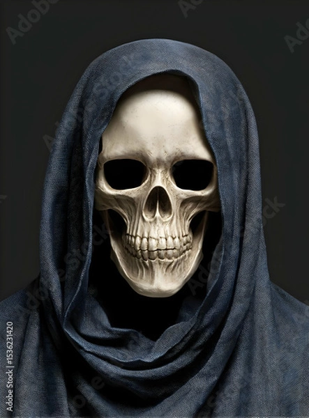 Fototapeta A haunting skull draped in a dark cloak, symbolizing mortality and the inevitability of death.