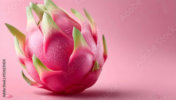 Fototapeta Close-up of a vibrant dragon fruit on a soft pink background, showcasing its unique texture and colors.
