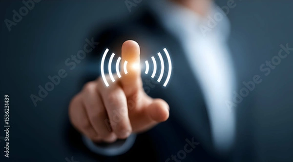Fototapeta A close-up of a businessman touching a screen, illustrating digital interaction and modern technology.
